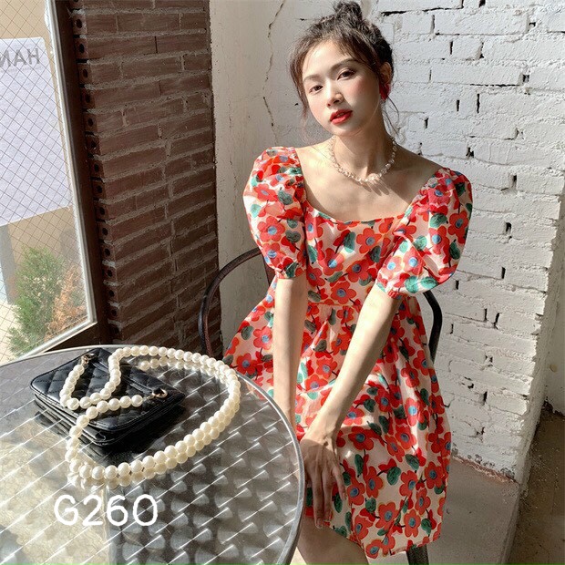 Đầm baby doll dáng xòe tay ngắn in hoa lụa G260