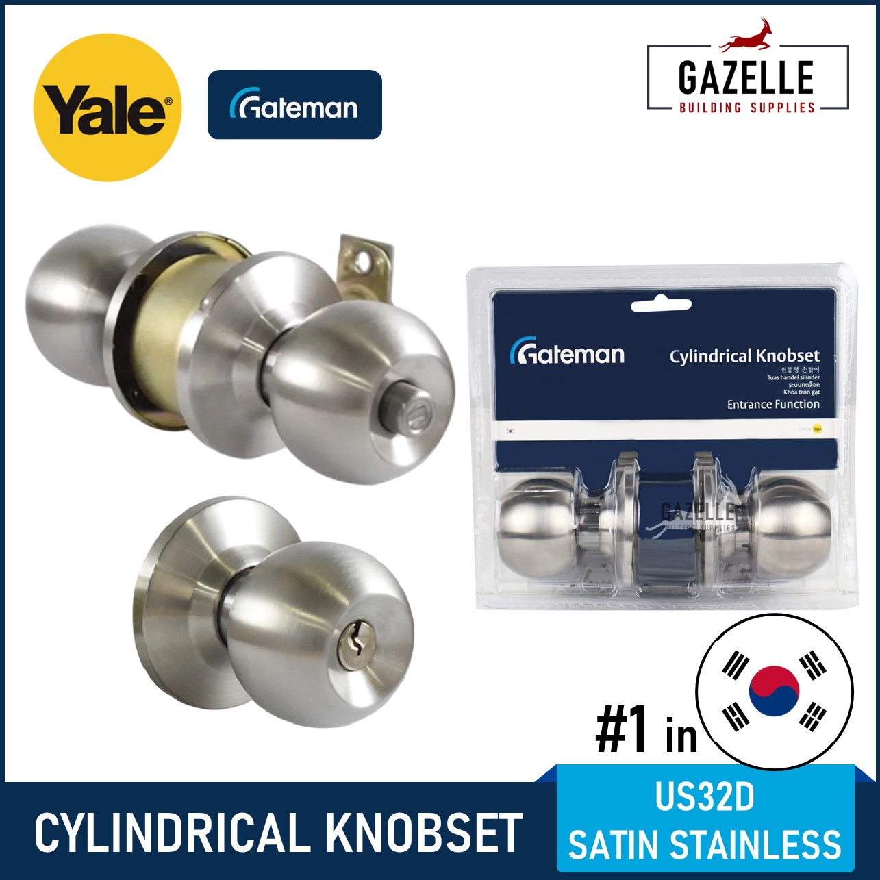 Yale Gateman Entrance Knobset Door Knob Set Cylindrical Push Type ...