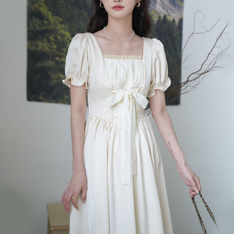MAOZHUXIA Women's Summer Style Princess Long Dress French Square Neck Waist Dress