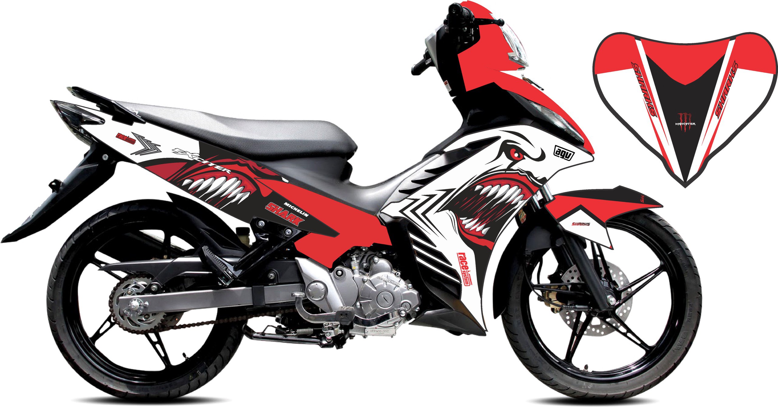 Tem trùm ex 135 cá mập đỏ trắng đen, tem exciter 135, team trùm exciter 135, tem xe exciter 135, team trùm ex 135, team xe exciter 135 cá mập đỏ trắng đen