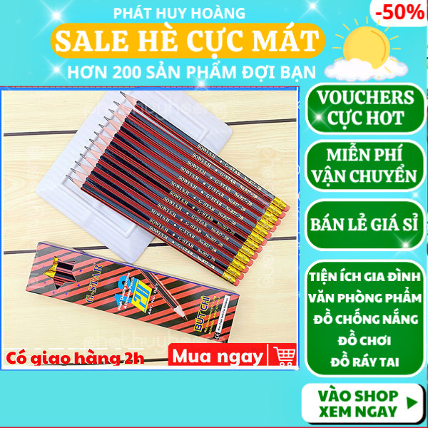 Hộp 12 cây bút chì 2B Gstar chất lượng cao, bút chì gỗ học sinh rẻ, but chi gom chuot duoc, bút than chì 2b rẻ, viết chì có gôm bằng gỗ, viết chì gỗ có đầu gôm cho bé, but chi van phong, đồ dùng học tập, Phát Huy Hoàng