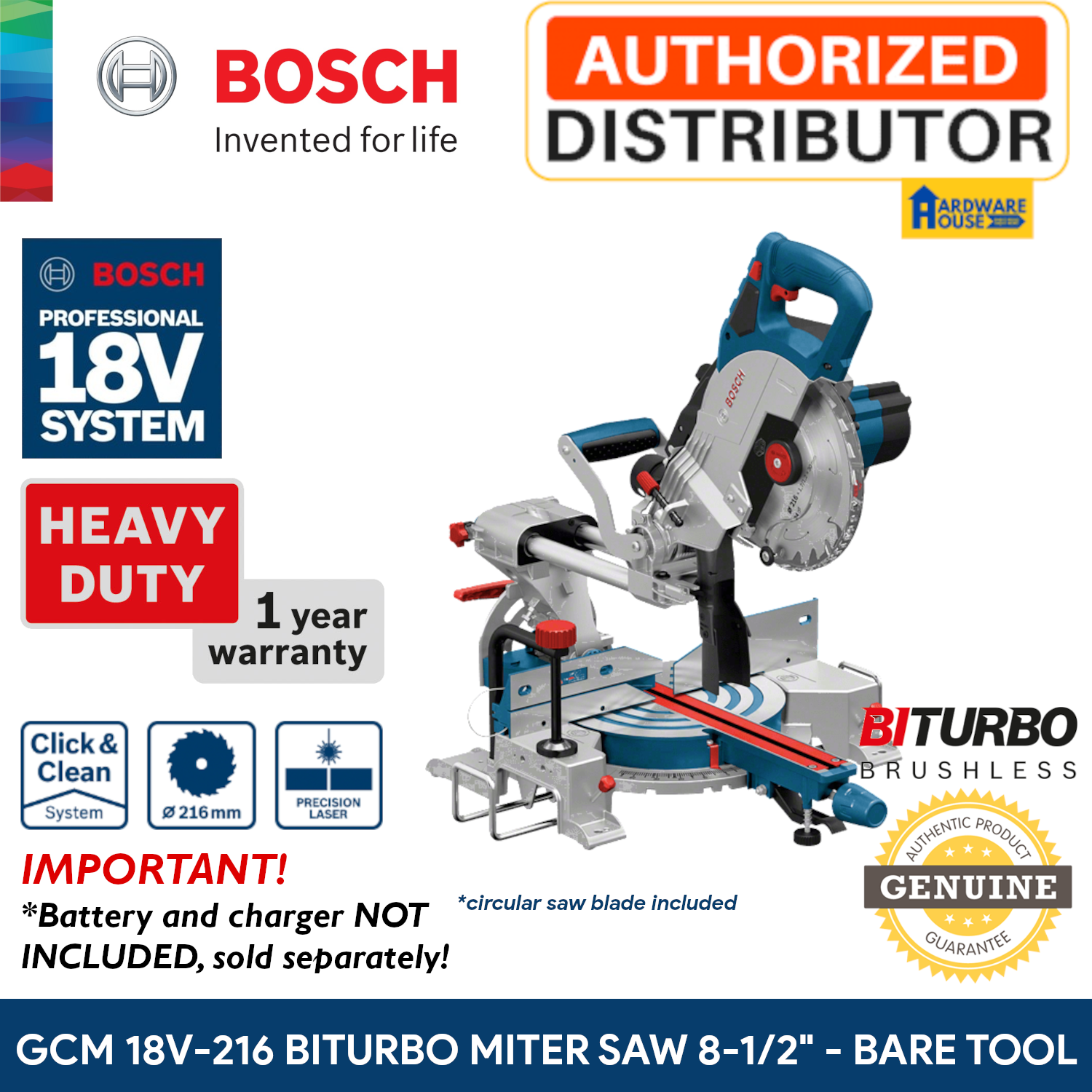 ORIGINAL Bosch 18V Brushless Biturbo Sliding Miter Saw 8