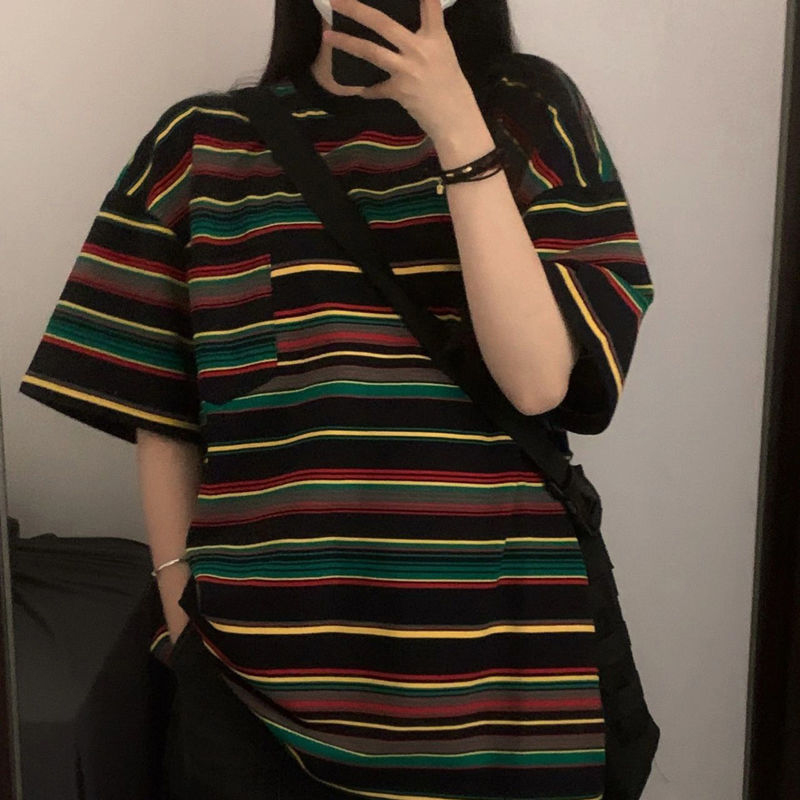 Women  Summer  Striped Short Sleeve Round Neck Loose  Couples mounted T-Shirts Student Ulzzang Tops