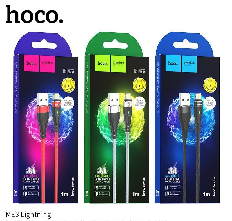 Cáp Sạc Nhanh Hoco Me3 3A Cổng Lightning Cho Iphone Có Đèn Led