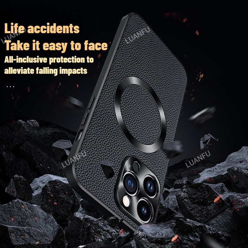 Case for iPhone 12 13 14 15 Pro Max Case Top Cowhide Wireless Charging Case for iPhone 15 Plus Metal Lens Ring Drop-Proof Shockproof Case