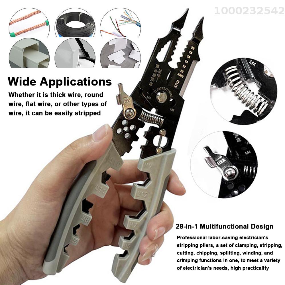 NANWEI 28in1 Multifunctional Wire Stripper Professional Wire Stripping Tool Portable Electric Cable Cutter Electrician Crimping Pliers with Metal Locking Buckle for Home Appliance Maintenance