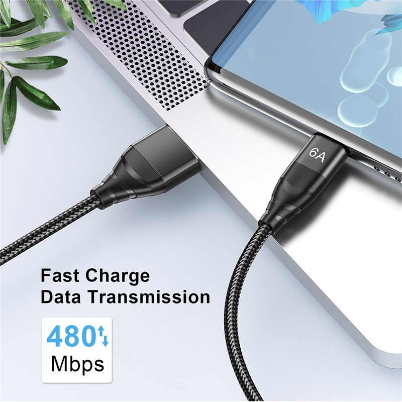 1/2M 6A 66W USB Type C Super Fast Charging Data Cable Durable Nylon Braided Data Cord for Huawei Xiaomi Universal Android