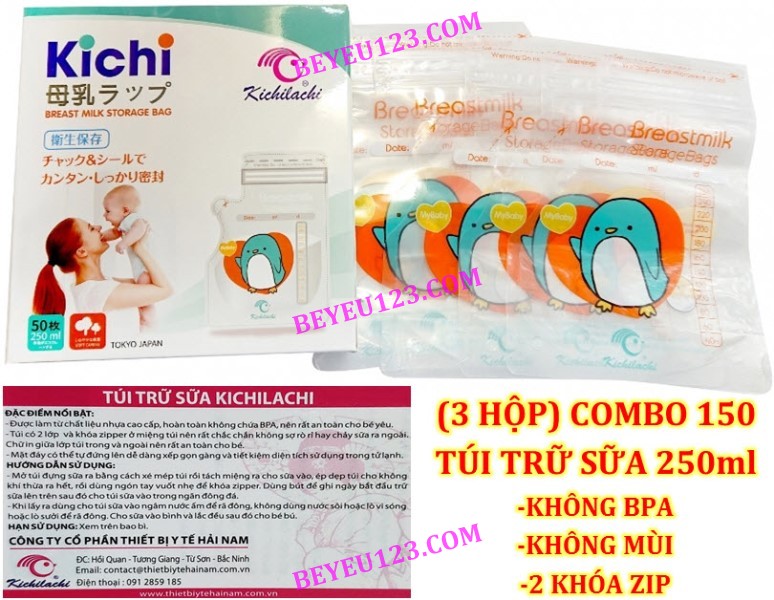 COMBO 100 / 150 Túi trữ sữa mẹ 250ml KICHILACHI K50V (Công nghệ Nhật) (Tốt và rẻ so với Sunmum, Mother-K, Unimom, Spectra, Medela, Lansinoh, Natur, Pur, Honey care, Cmbear, Sami) KC K510