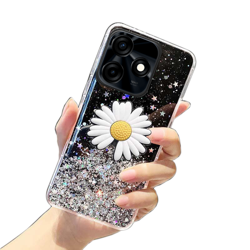 New Phone case Redmi 13X Back cover Glitter Bling Soft Stars Moon Sequins Chrysanthemum Flowers Folding Bracket Transparent Silicone for Redmi 13X case.
