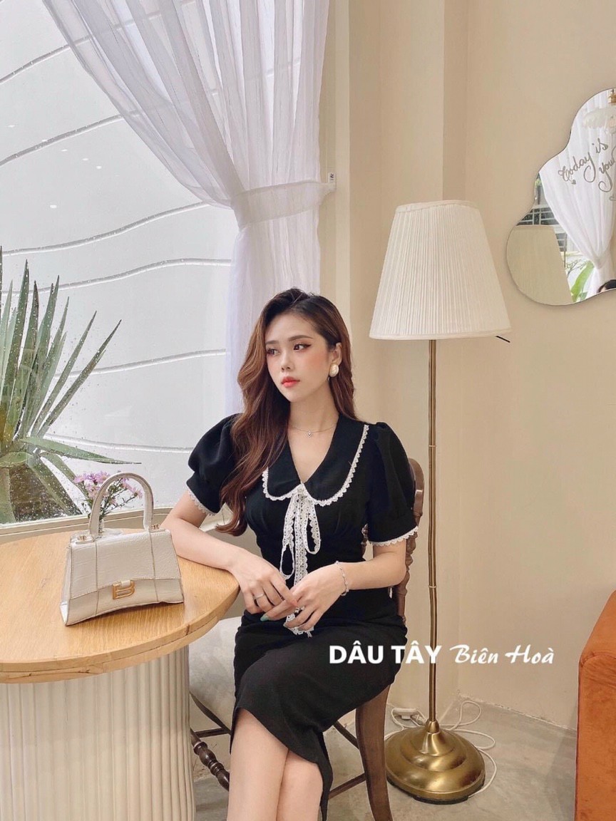 Đầm voan lụa dáng suông cổ bẻ cột nơ ngắn tay dạ tiệc ttsa1556