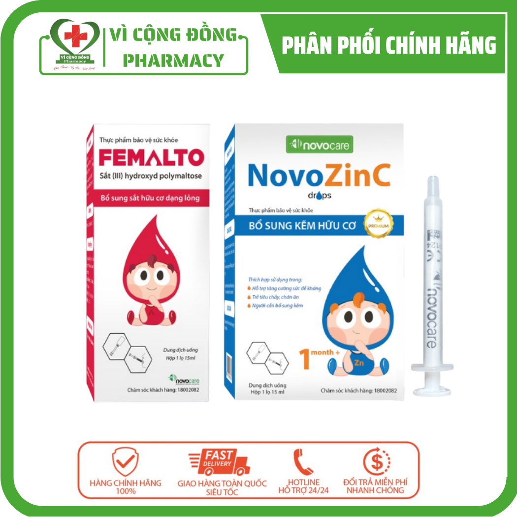 Bộ đôi sắt kẽm hữu cơ Femalto và Novozinc giúp bổ sung sắt kẽm hiệu quả cho trẻ sơ sinh từ 1 tháng tuổi, hàm lượng cao, vị dễ uống, dễ hấp thu bé hết biếng ăn, phát triển thể chất, tăng cân đều - vì cộng đồng pharmacy
