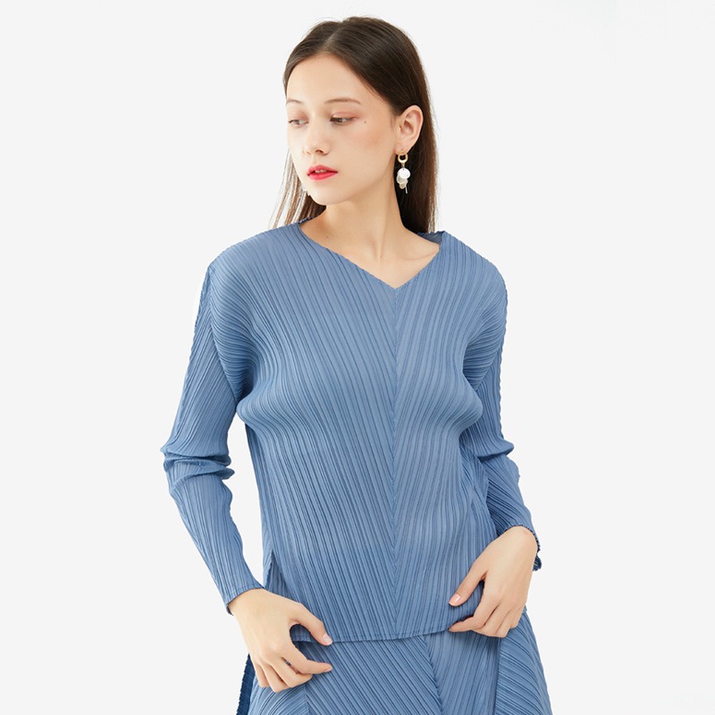 2023 Mùa Thu trơn mới Màu Sắc Cơ Bản Bộ hai mảnh xòe rộng Spliced Nửa Váy Tay áo dài V Cổ Top Phụ Nữ Của Thiết Lập