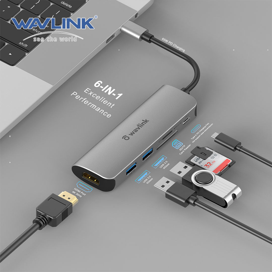 Wavlink USB C HUB(USB3.0 5 USB C Power(65W)), Cắm Và Chạy
