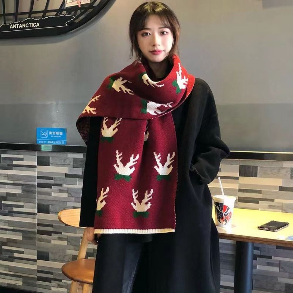 ALICE XU Hươu Khăn quàng cổ giáng sinh Đỏ Vải nhung lông Khăn quàng cổ Cashmere mùa đông Hoài cổ Khăn choàng Cashmere Khăn choàng len dệt kim Nữ/Nam