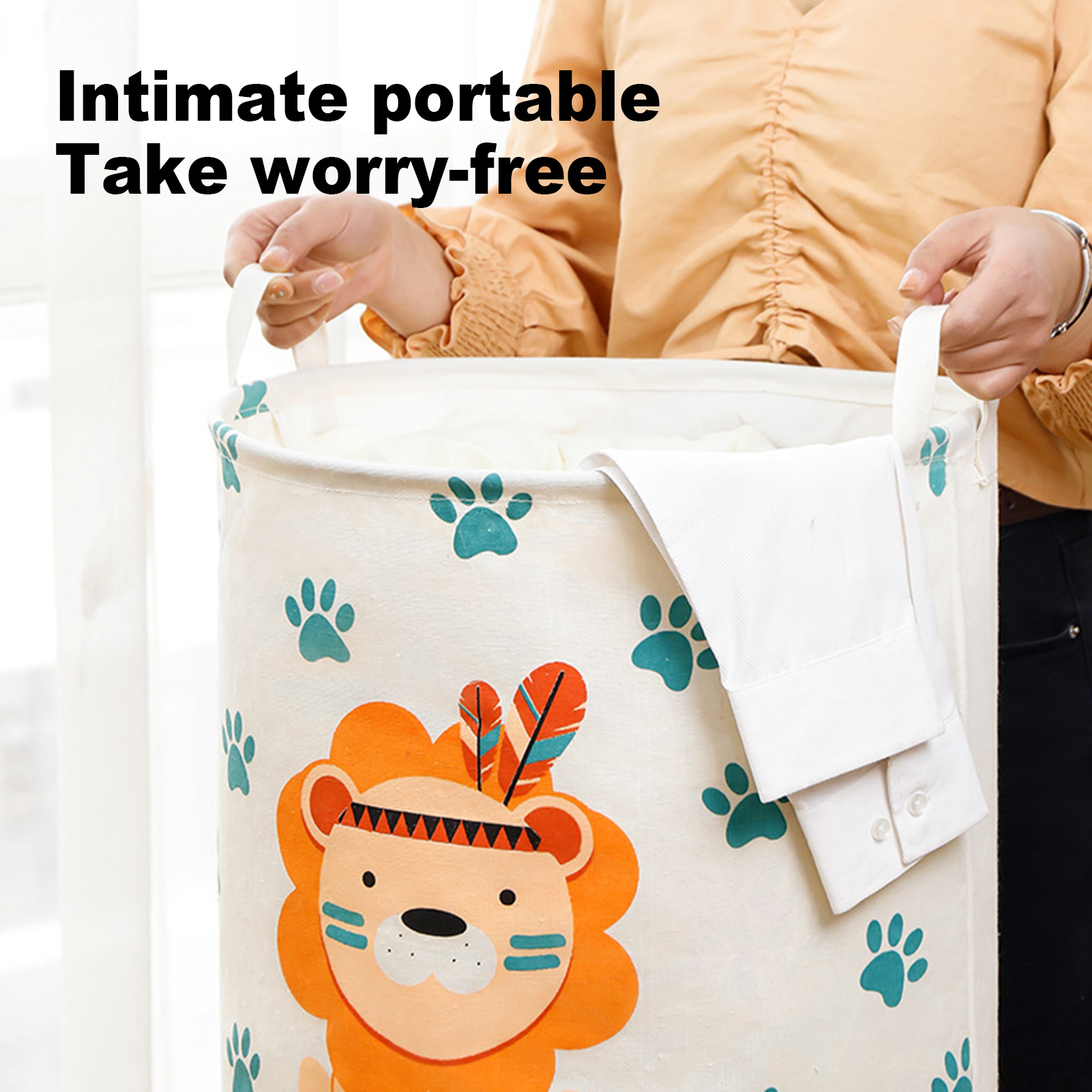 homesir Folding Laundry Basket Large Capacity Cartoon Pattern Sturdy Handle Comfortable Grip Cotton Cute Animal Print Socks Underwear Laundry Hamper Household Products