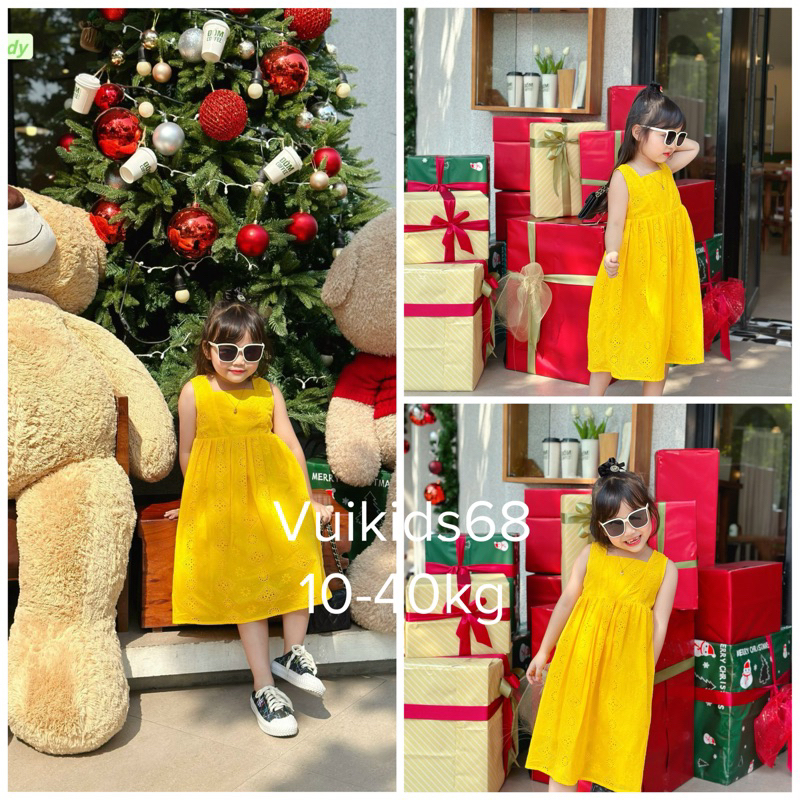 Đầm bé gái loại 1. Đầm vàng thêu siêu sang, smock lưng cho bé gái 10-40kg