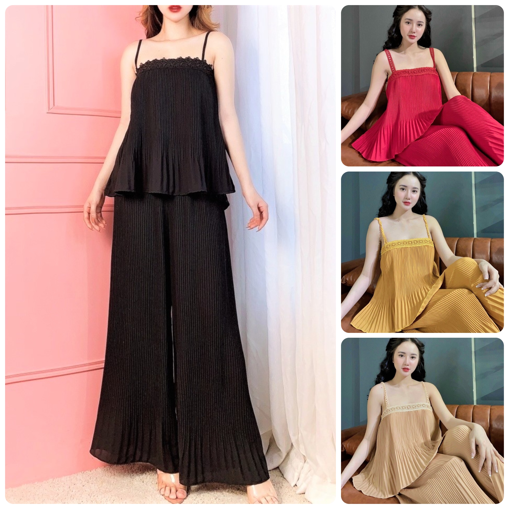 Set đồ bộ nữ vải lụa dập ly phối ren thời trang (Freesize dưới 58kg)