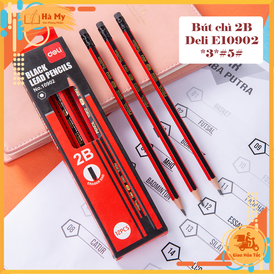 (Hộp 12 Cây) Bút chì lục giác 2B Deli 10902 Có Gôm