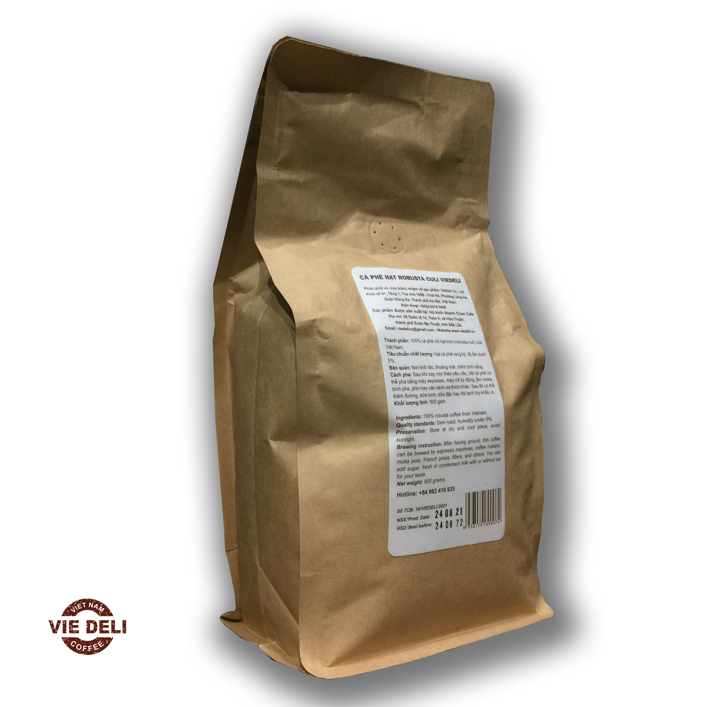 Cà phê hạt Robusta Culi Viedeli, túi 500g