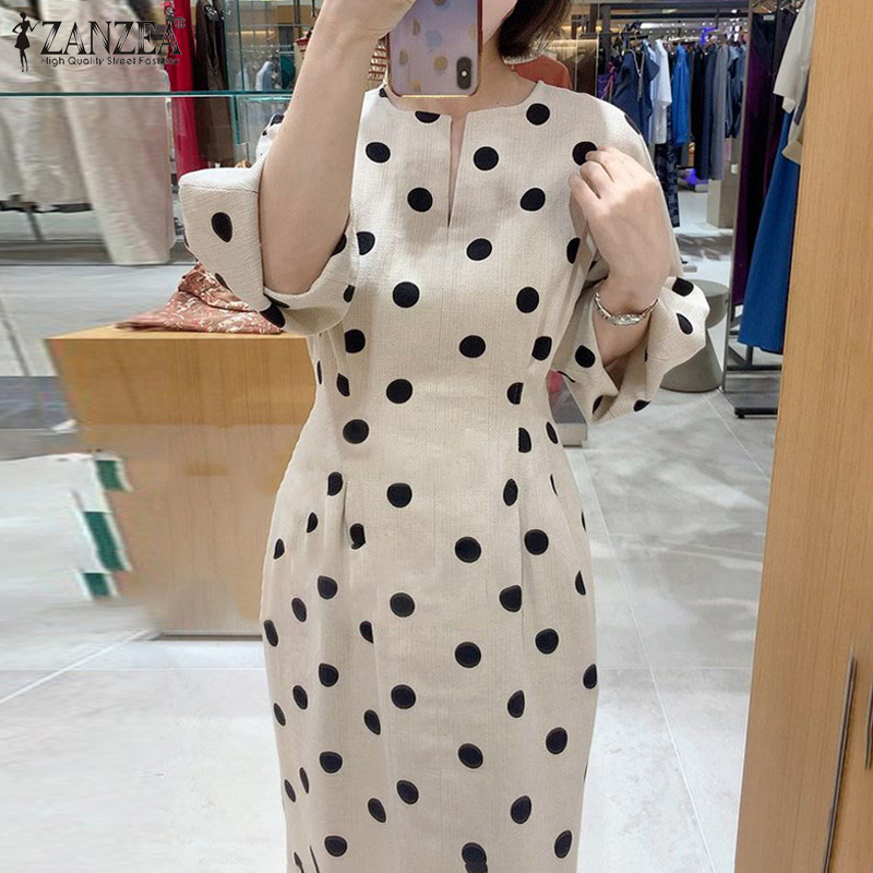 ZANZEA%20Korean%20Style%20Women's%20Dresses%20Elegant%20Fashion%20Long%20Sleeve%20Polka%20Dots%20Elastic%20Waist%20Bodycon%20Dress%20-%20Image%202