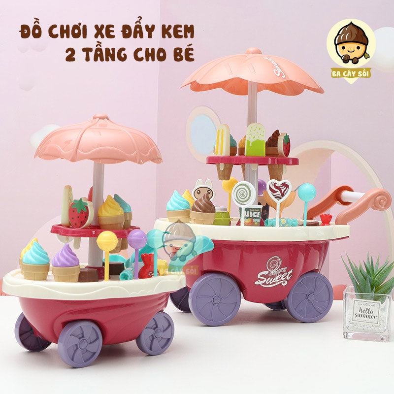 Đồ chơi xe đẩy bán kem 2 tầng loại to có đèn, có nhạc cho bé.