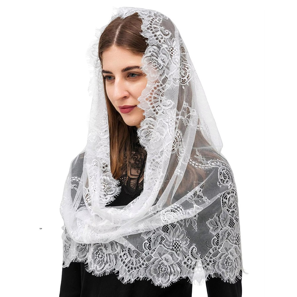 Spanish Style Lace Mantilla Veil – Traditional Chapel Veil For Latin Mass – White, Unbranded