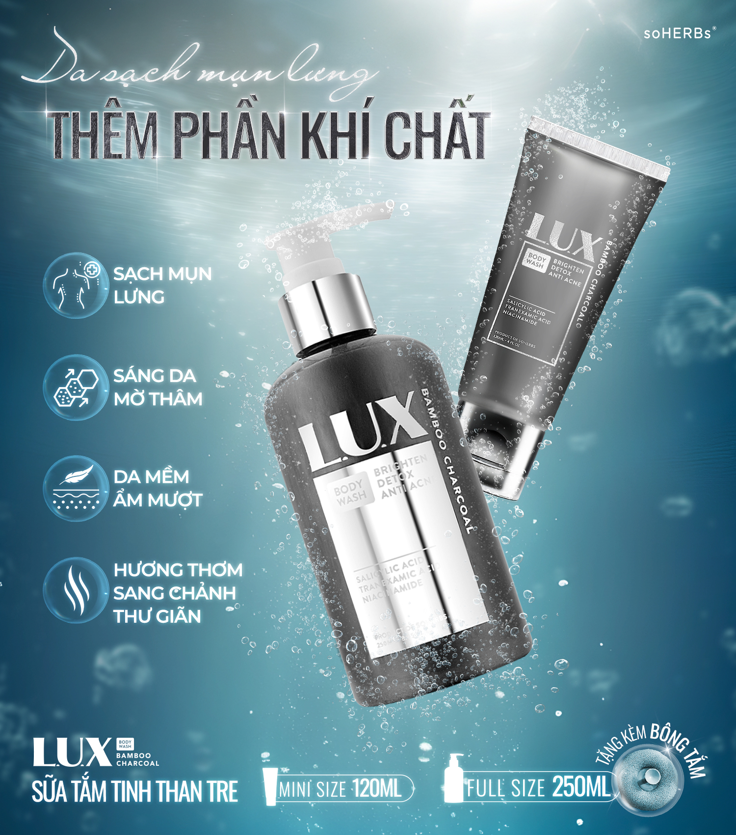 Sữa Tắm Lux Tinh Chất Than Tre SOHERBS Mini Size 120ml