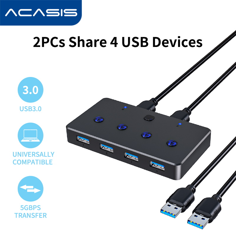 ACASIS USB 3.0 Sharing Switch, 2 Computers 4-Port USB Peripheral Switcher Adapter Box Selector for PC, Printer, Scanner, Mouse, Keyboard with One-Button Swapping 2 IN 4 Out KVM Switch