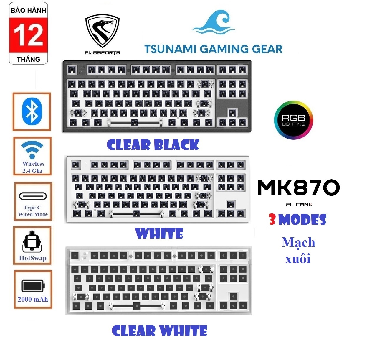 Bộ kit phím cơ FL-Esports MK870 3 MODE RGB Hotswap Wireless Bluetooth mạch xuôi sẵn foam - BH 12 tháng thumbnail