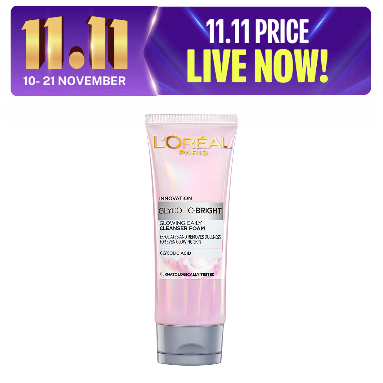 L'Oreal Paris Glycolic-Bright Glowing Daily Face Wash, For Even Glowing Skin, 100ml - Brightening, Dark Spots, Glowing Skin. 