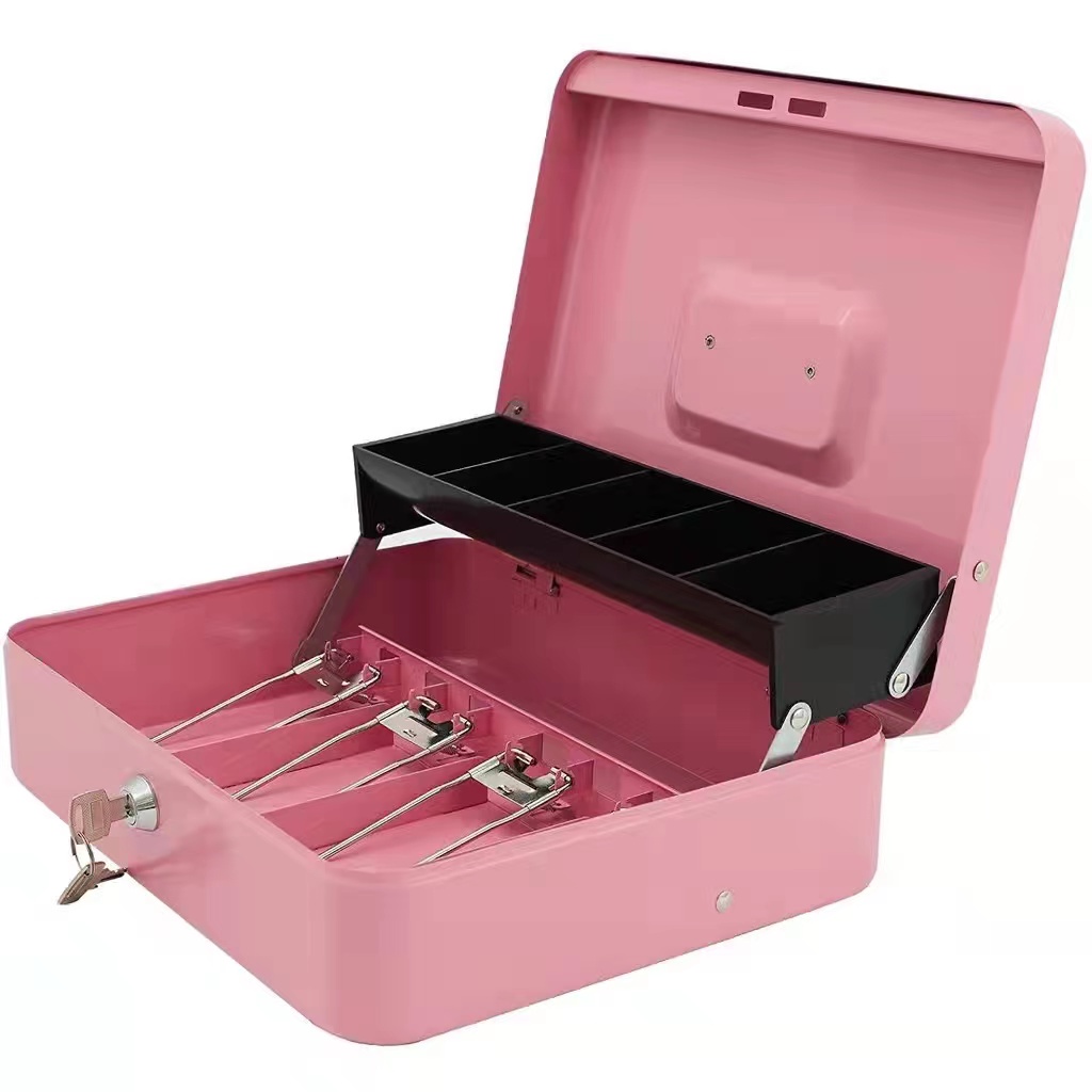 Large Metal Cash Box With Lock & Money Tray, 11.8" X 9.4" X 3.54", Black, Heavy-Duty Steel, Portable Handle, 2 Keys, For Business, Events, Garage Sales