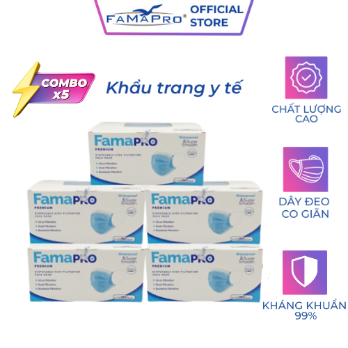 Combo 5 hộp khẩu trang y tế cao cấp 4 lớp kháng khuẩn Famapro Premium 40
