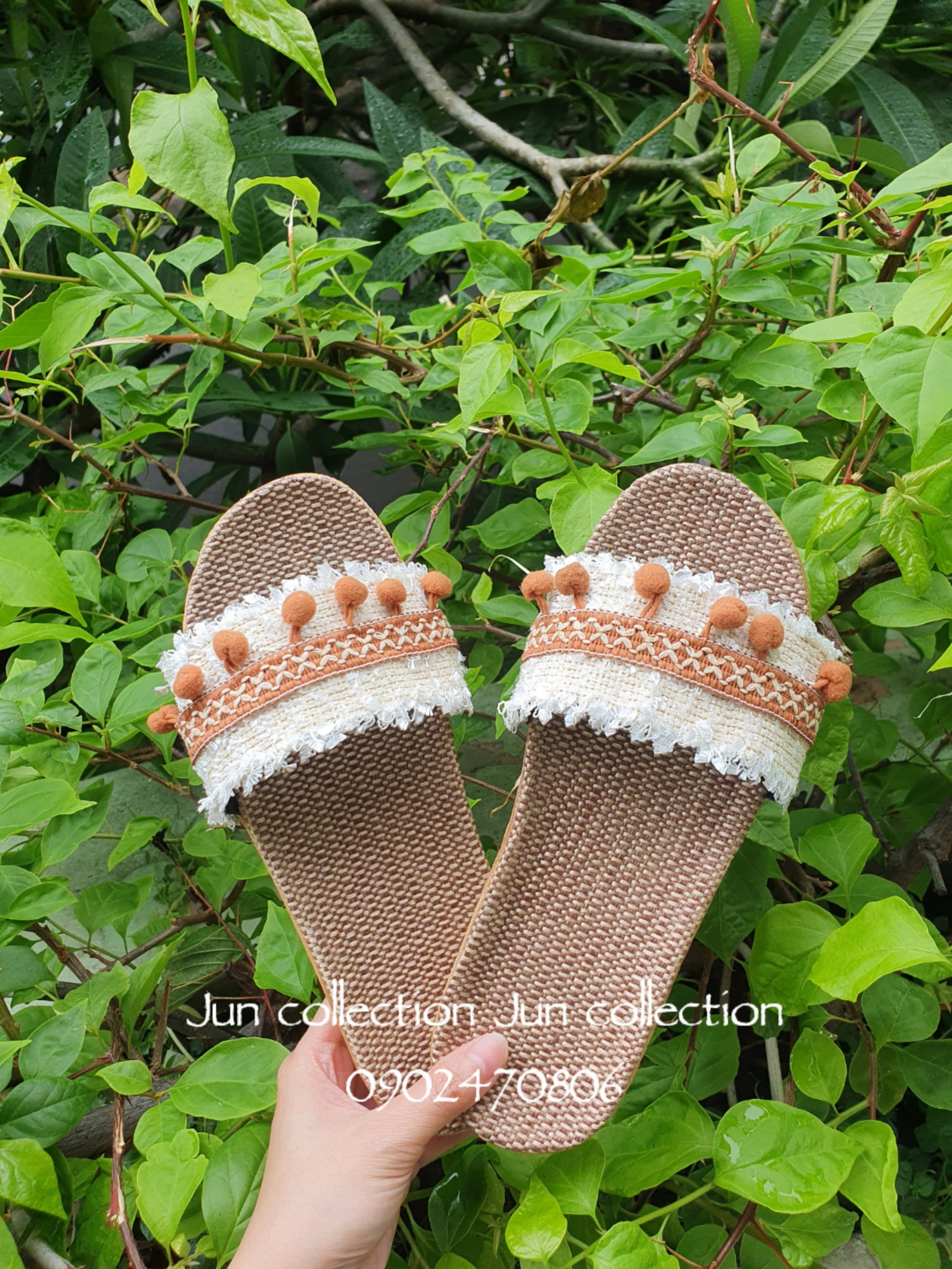 Dép cói thủ công quai ngang dây dạ phối tua rua handmade vintage - đi biển - đi chơi - dạo phố