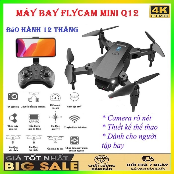 Flycam mini Q12 - Flycam giá rẻ mini có camera - Máy bay camera 4k - Máy bay điều khiển từ xa 4 cánh - Playcam - Flay cam - Fly cam giá rẻ - play camera giá rẻ hơn f11 pro 4k, Mavic 2 Pro, l900 pro