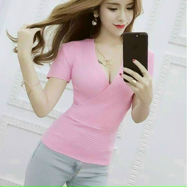 [KÈM ẢNH THẬT] Áo thun gân cổ V đắp chéo ôm body tay ngắn form đẹp - kèm ảnh thật Đ VKV3