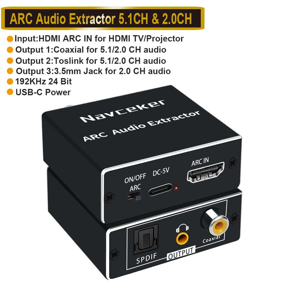 192KHz HDMI ARC Converter,HDMI ARC Audio Extractor to SPDIF Coaxial 3.5mm  Stereo, Support Dolby@5.1, DTS@5.1, Dolby AC3,DSD,PCM,LPCM 