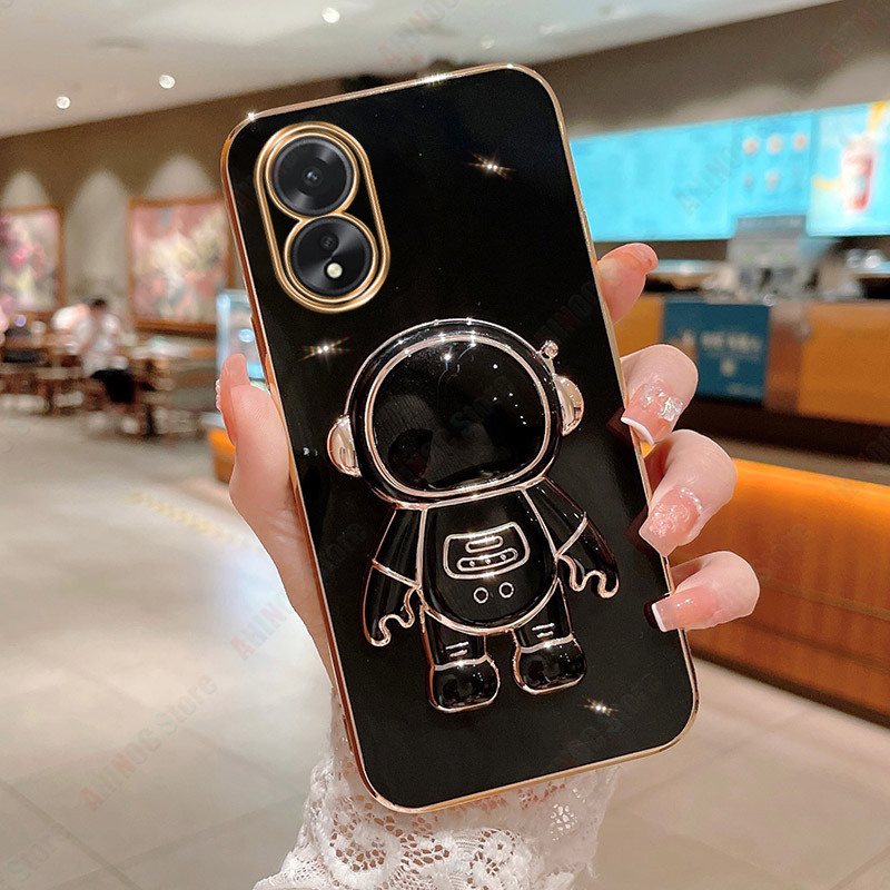 Astronaut holder phone case for oppo a38/a18 luxury electroplated soft tpu case + bracket