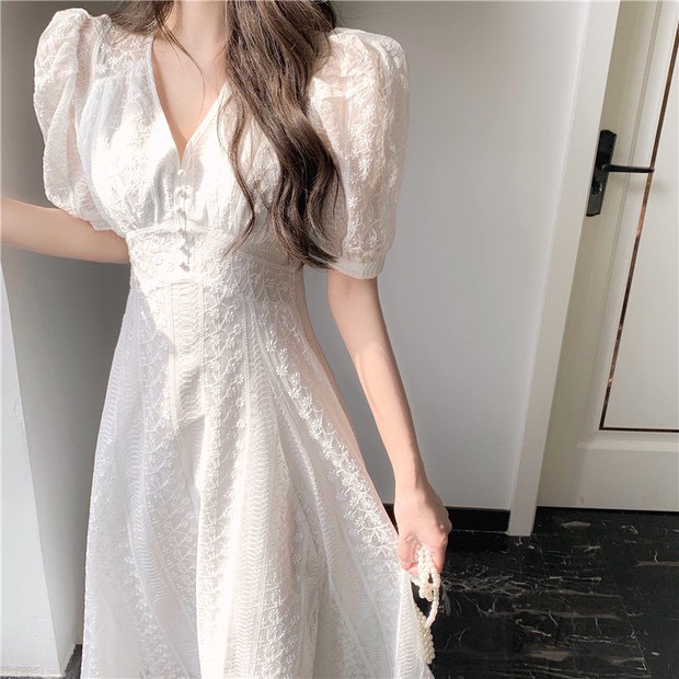 VÁY THÔ REN TRẮNG CỔ V CÚC NGỌC 2 LỚP
