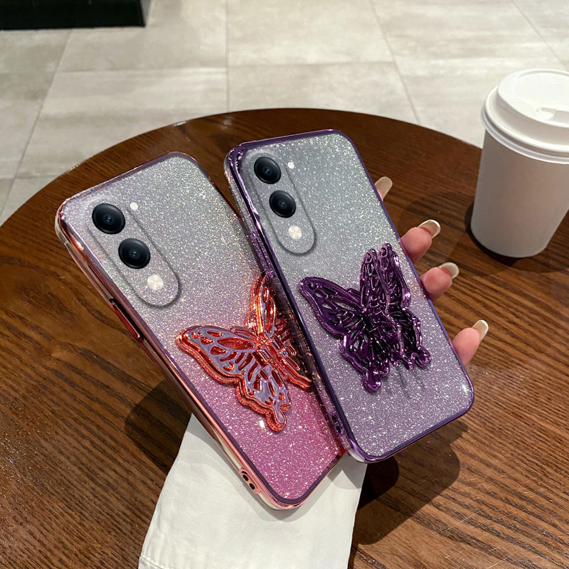 New Phone case Vivo Y04 Y29S Back cover with Cute Butterfly Stand Luxury Slim Gradient Clear Plating Glitter Girls For Vivo Y29S Y04 case. 