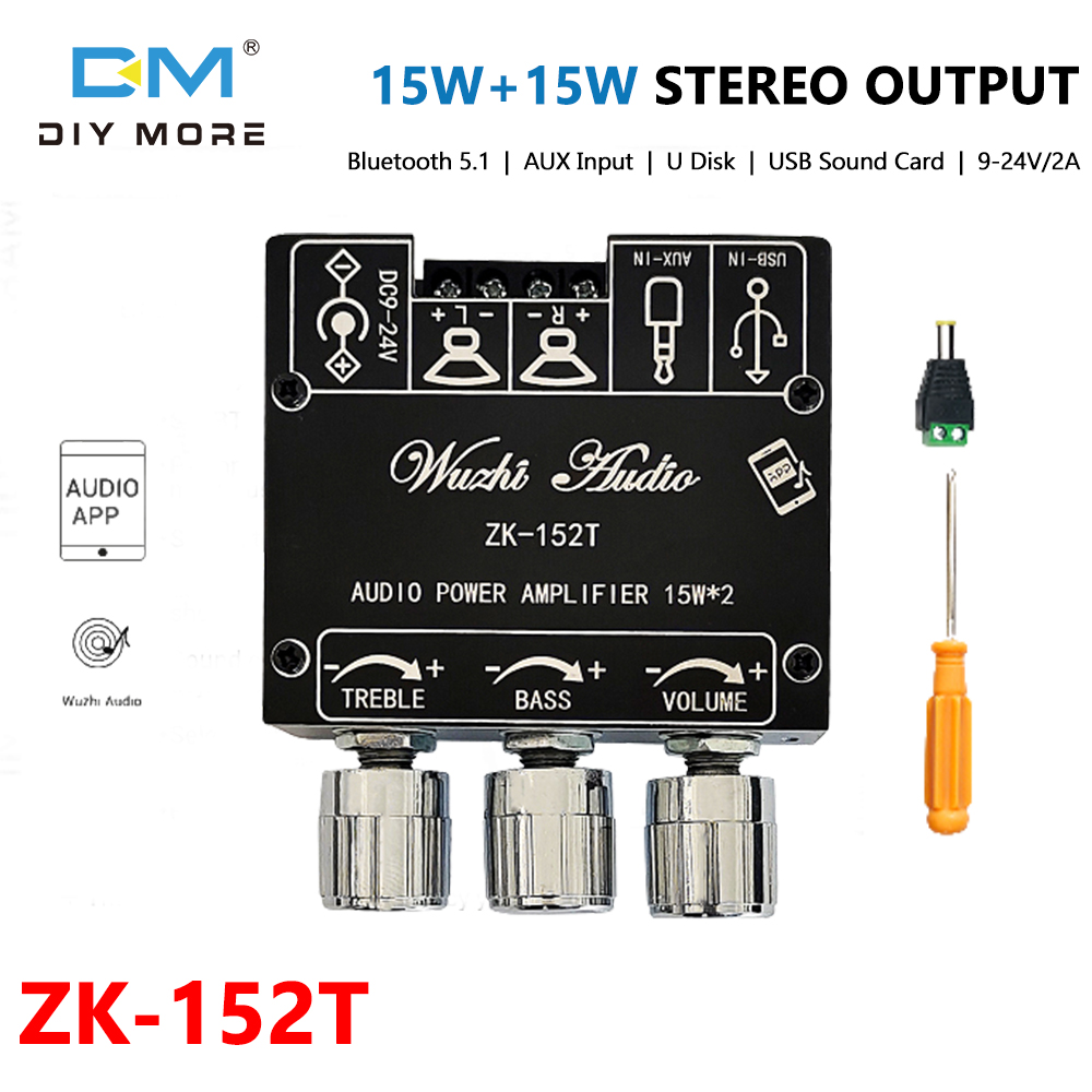 Diymore zk-152 152t 5.1 bluetooth audio digital power amplifier board module 2.0 stereo dual channel 15w+15w audio power amplifier board audio decoder board adapter speaker: 5-30w 4-8ω