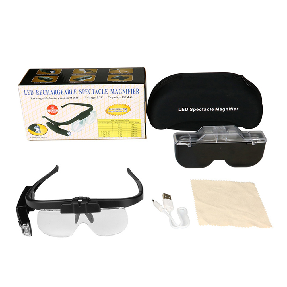DIPPRUN Rechargeable Magnify Glasses Head Magnifier Glasses 2LED Lights Detachable Lenses 1.5X 2X 2.5X for Reading Hobby