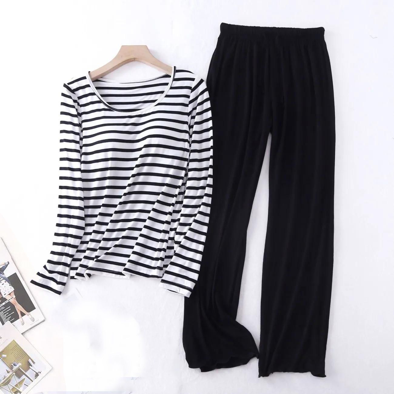Spring and Autumn Season Pajamas Women's Long Sleeve Thin Home Furnishings Can Be Outworn Casual Set of 2 Pieces