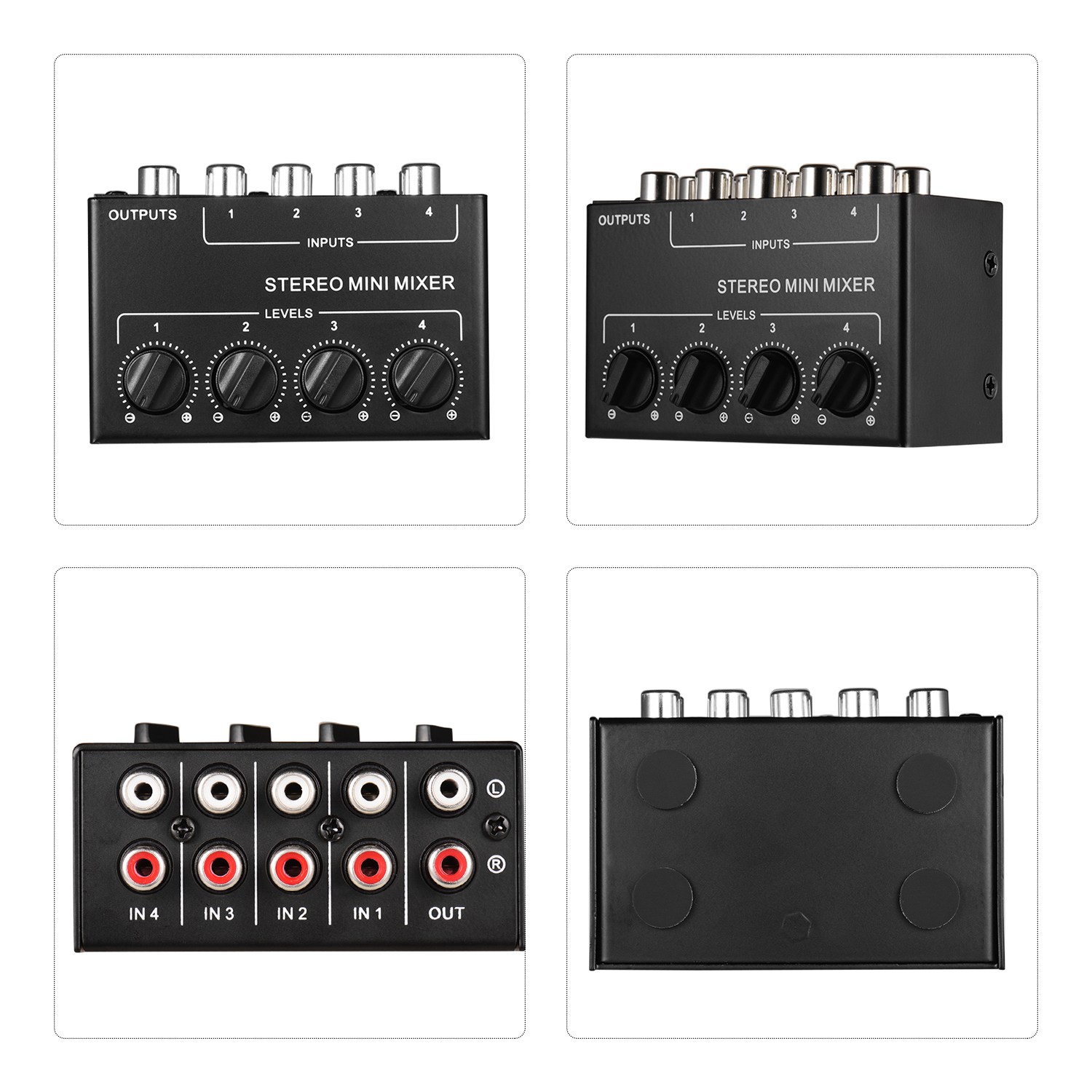 Mini Stereo Audio Mixer with 4-Channel RCA Inputs Separate Volume Controls Full Metal Shell