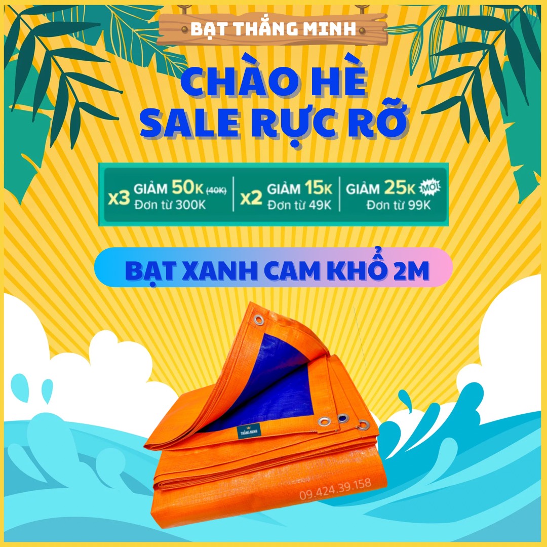 Bạt xanh cam HQ che nắng mưa ngoài trời khổ 2m, tấm bac cách nhiệt, tăng bạt picnic chải ngồi cắm trại, phủ đậy bể bạt, che máy giặt, logia, hoạt động ngoài trời.May sẵn viền và khuyết nhôm. Bạt Thắng Minh