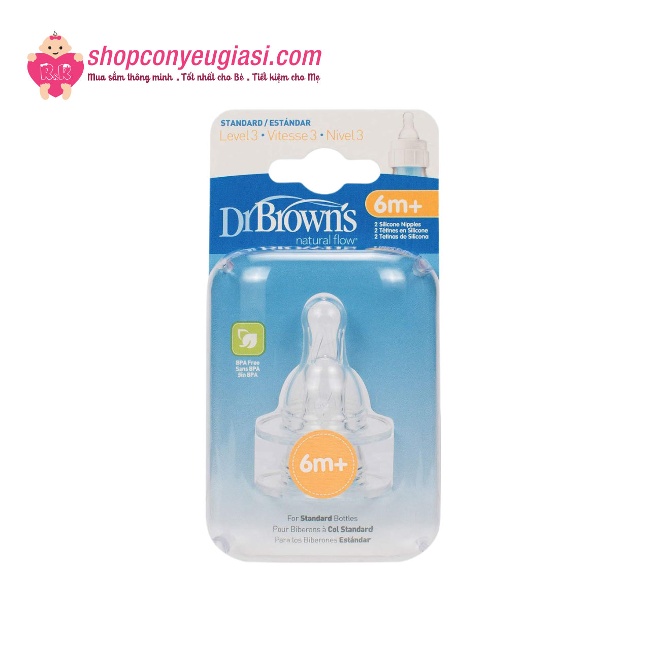 Hộp 2 núm ty Dr.Brown's cổ hẹp số 1, 2, 3, 4