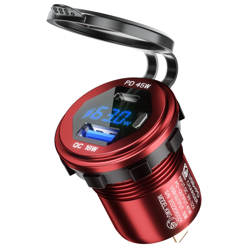 Metal 63W QC3.0 USB+Type C USB C PD Fast Car Charger with Voltage/Power Display