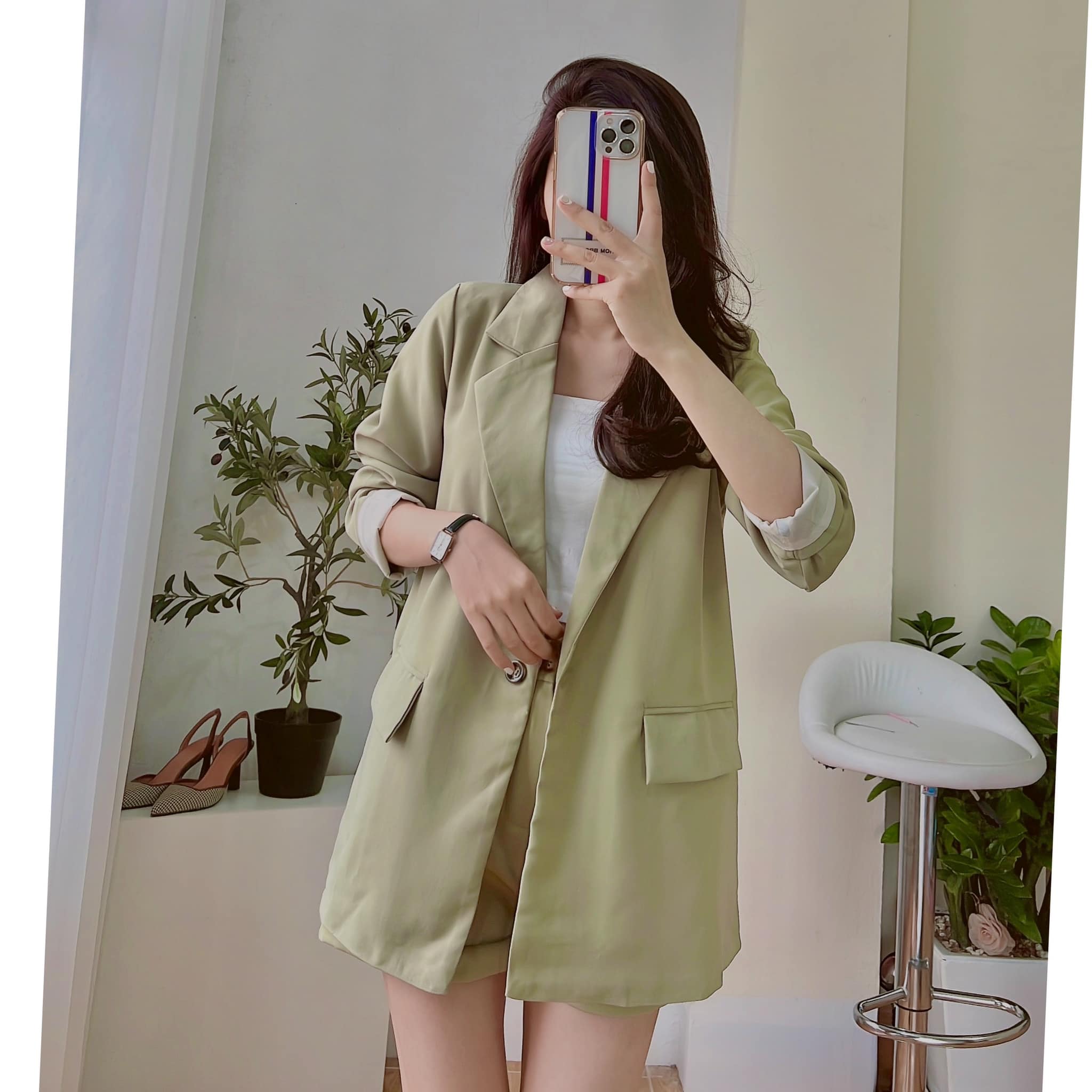 Áo Blazer 2 Lớp Túi Nắp Hàn Quốc