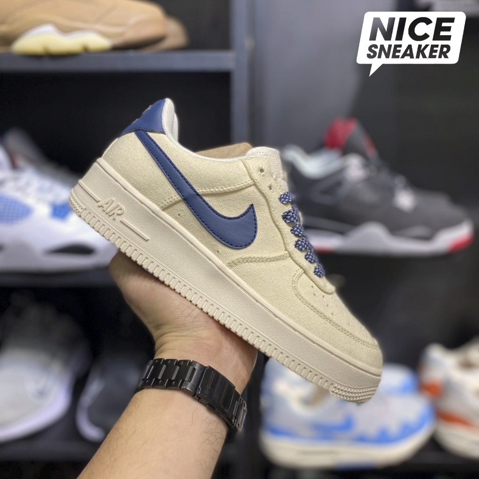 Giày Thể Thao Nam Nữ Nike AF1 màu kem vệt xanh navy [FULL BOX + TẶNG DÂY]  Giày Sneaker Nike Air Force Canvas Navy Vệt Xanh Navy 