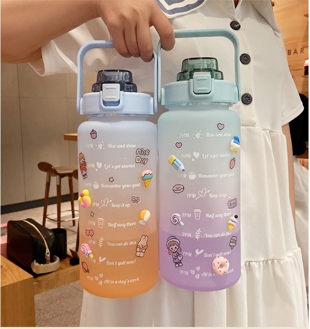Bình nước 2 lít có giấy kiểm định vệ sinh an toàn thực phẩm, hóa đơn nhập khẩu dành cho người lười uống nước bình nước cute 2L có ống hút, vạch chia nhắc giờ
