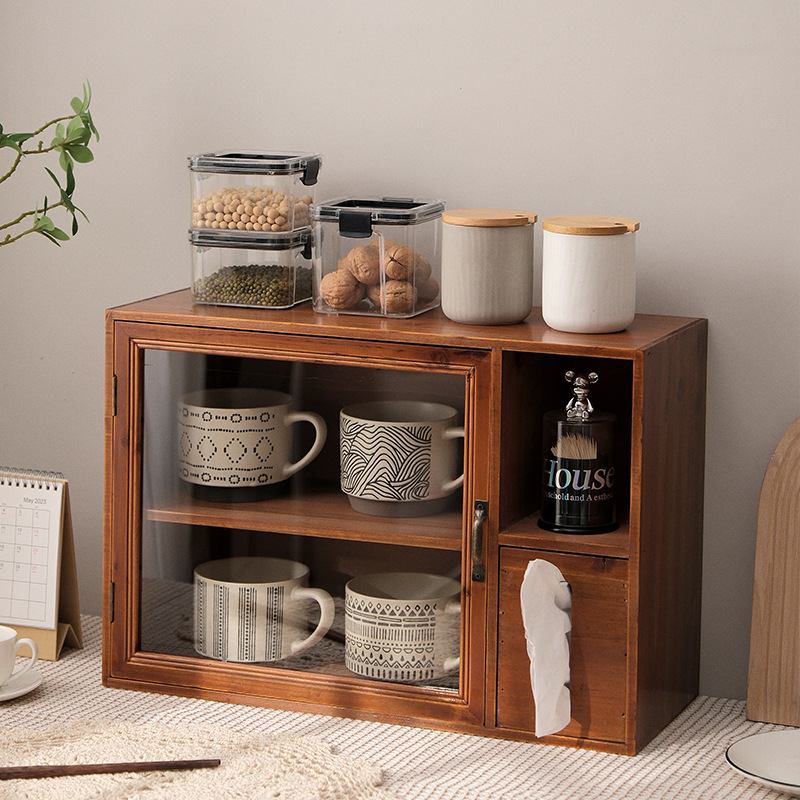 Storage rack with tissue box retro double-layer wooden tea set desktop storage box cup dust-proof cabinet